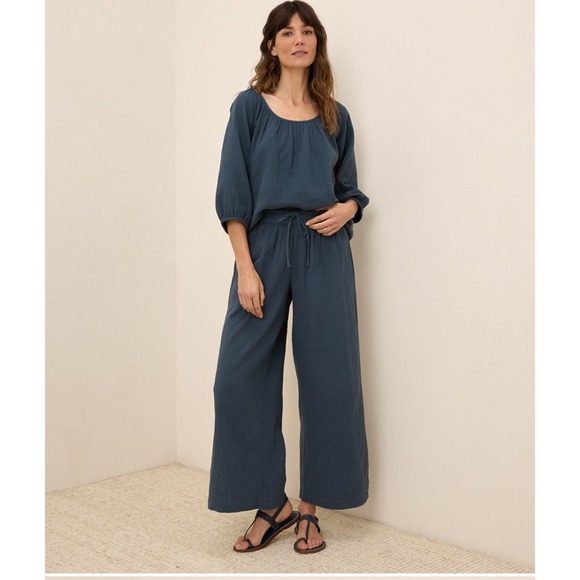 Pact Women's Blue Gauze Wide Leg Palazzo Pants Drawstring Waist Size L - Picture 2 of 13